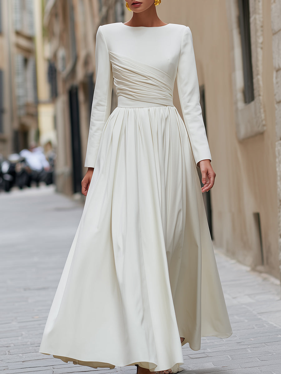 Ivory Long-Sleeve Draped Maxi Dress