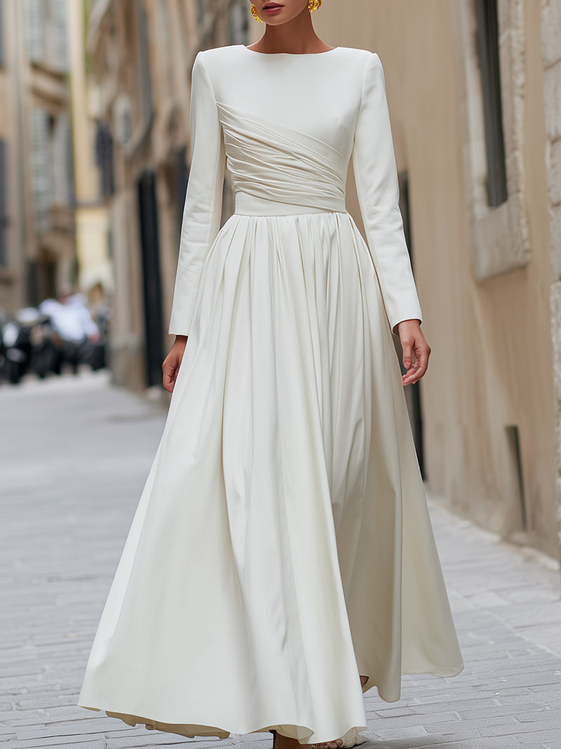 Ivory Long-Sleeve Draped Maxi Dress