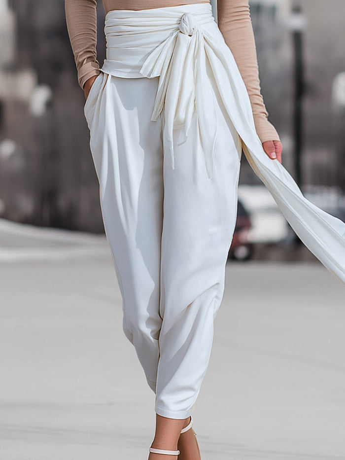 High-Waist Draped Tie-Detail Tapered Pants