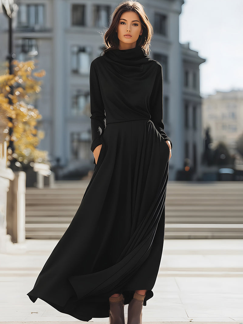 Elegant Black Draped Maxi Dress With Cowl Neck