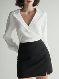 White Deep V-Collar Blouse With Black Mini Skirt Set