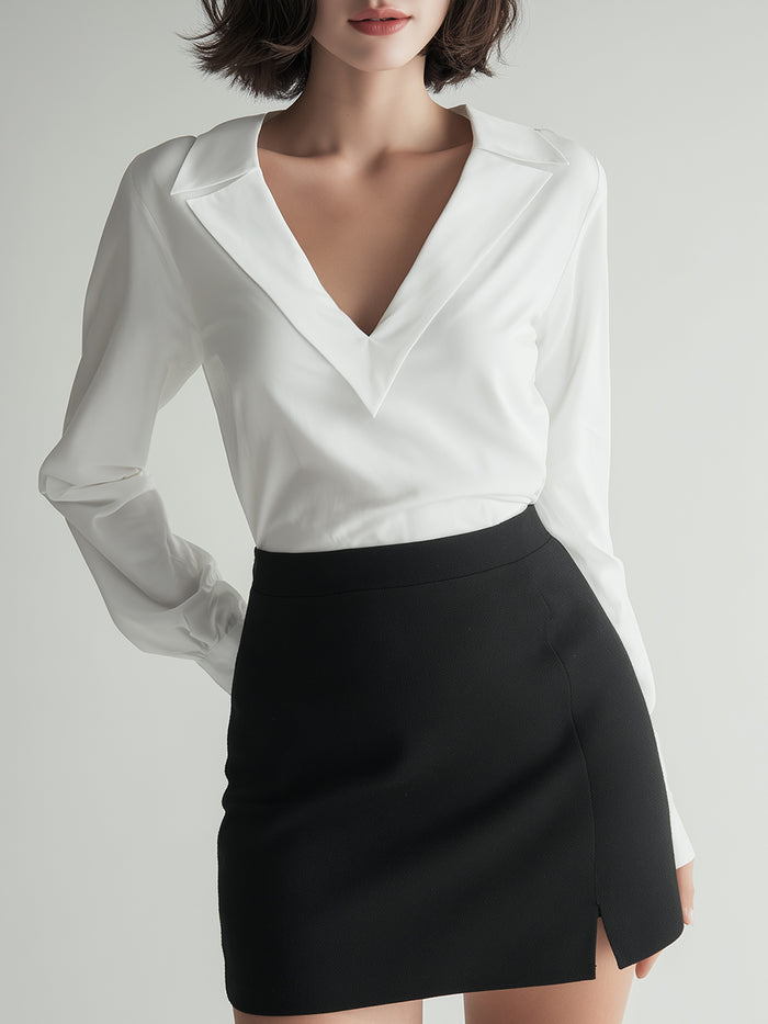 White Deep V-Collar Blouse With Black Mini Skirt Set