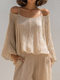 Off-Shoulder Pleated Two-Piece Wide-Leg Set