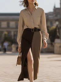Two-tone High-slit Belted Maxi Skirt And Shirt Set