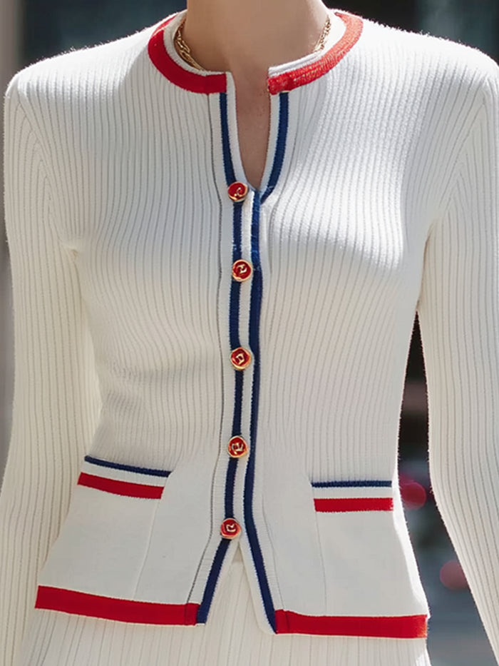 Chic White Knit Skirt Suit With Red And Blue Trim