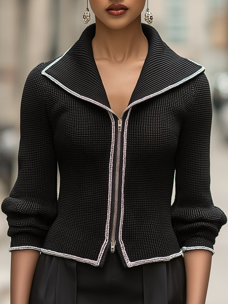 Structured Black Knit Zipper Jacket