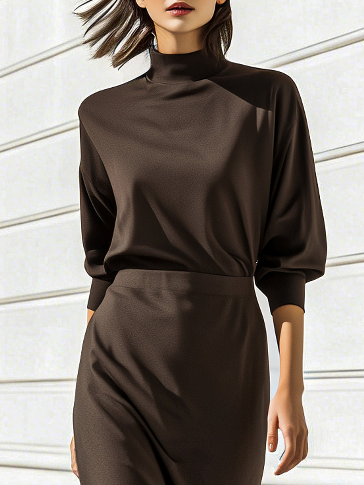 Structured Puff-Sleeve Draped Midi Dress