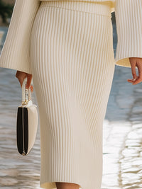 Elegant Ribbed Knit Two-Piece Set With Flared Sleeves