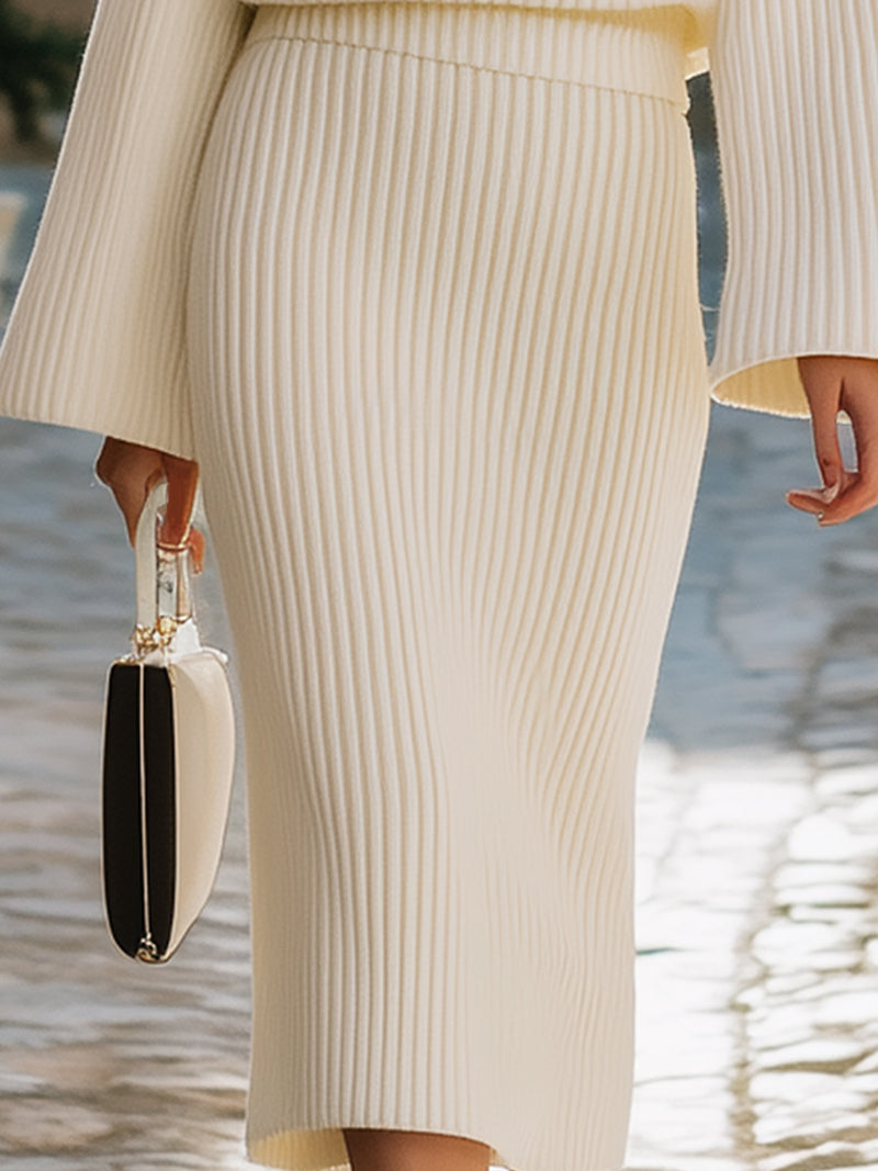 Elegant Ribbed Knit Two-Piece Set With Flared Sleeves