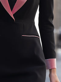 Black Blazer Mini Dress With Pink Velvet Lapels And Cuffs