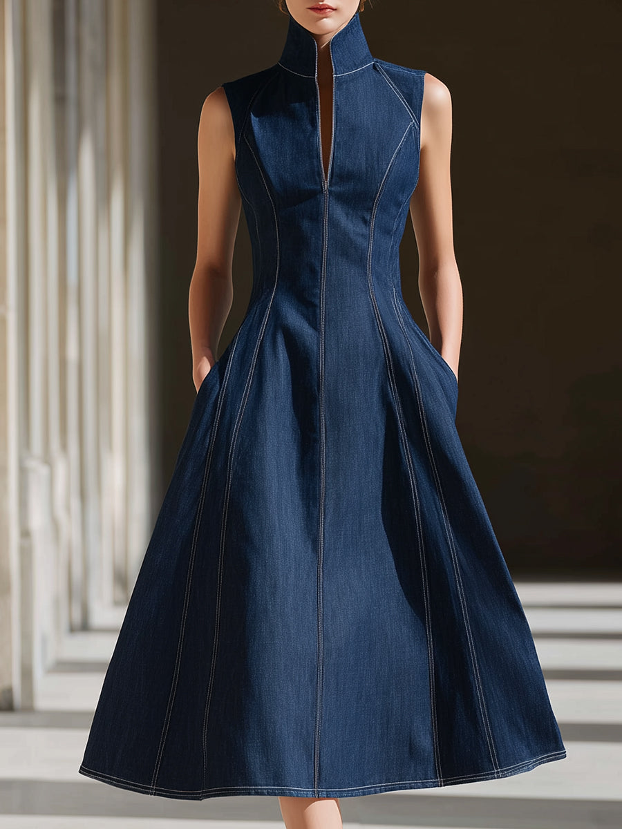 Sleeveless Stand Collar Tailored A-Line Denim Dress