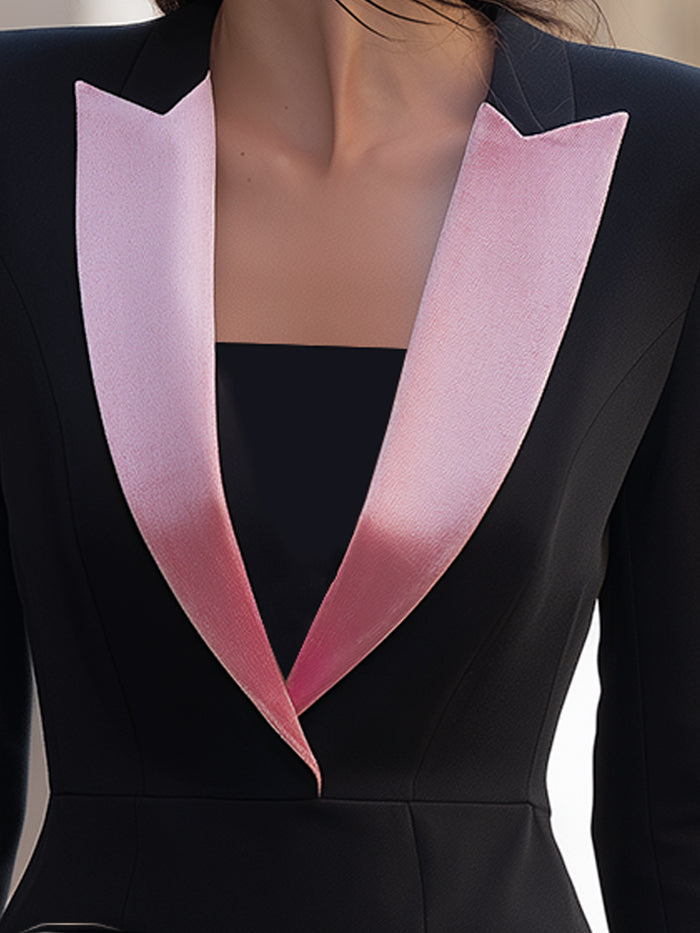 Black Blazer Mini Dress With Pink Velvet Lapels And Cuffs
