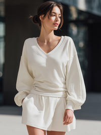 V-Neck Balloon Sleeve Two-Piece Set