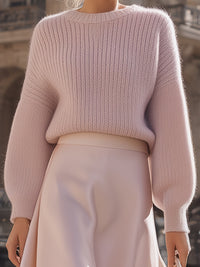 Blush Pink Knit Sweater And Satin Midi Skirt Set