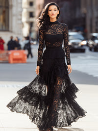 Black Lace Maxi Dress With Ruffled Skirt And Sheer Sleeves
