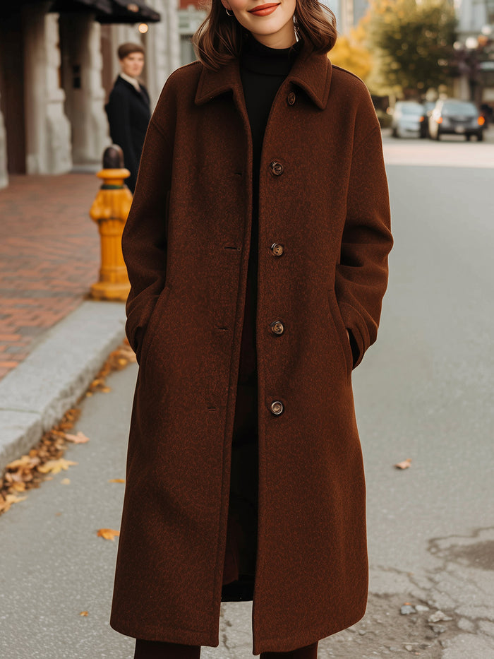 Chestnut Brown Single-Breasted Wool Coat