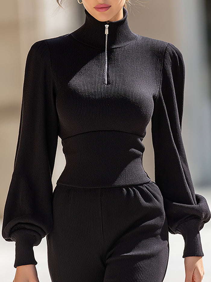 High-Neck Half-Zip Ribbed Top With Sculpted Waist