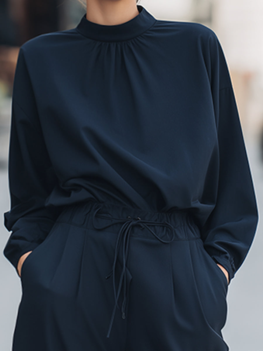 Relaxed High-Neck Long Sleeve Drawstring Jumpsuit