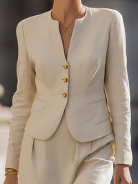 Linen-Blend Collarless Blazer & Skirt Set