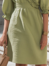 Ruffled V-Neck Waist-Defined Mini Dress In Soft Olive Green