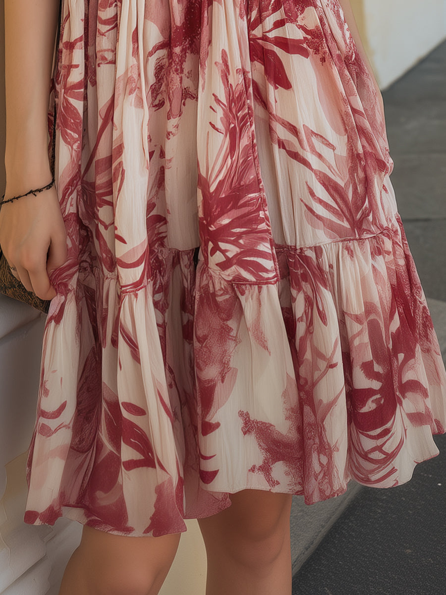 Printed Short-Sleeve Tiered Midi Dress