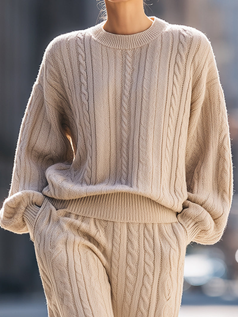 Beige Cable-Knit Lounge Set