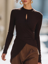 Chocolate Brown Draped Keyhole Knit Top