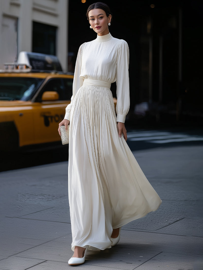 Ivory Pleated Maxi Dress With High Neckline
