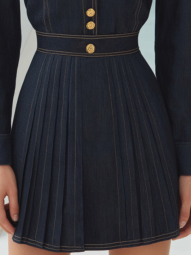 Dark Denim Pleated Military-Inspired Mini Dress