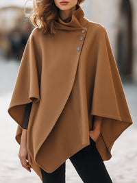 Camel Asymmetric Wool Cape With Button Detail