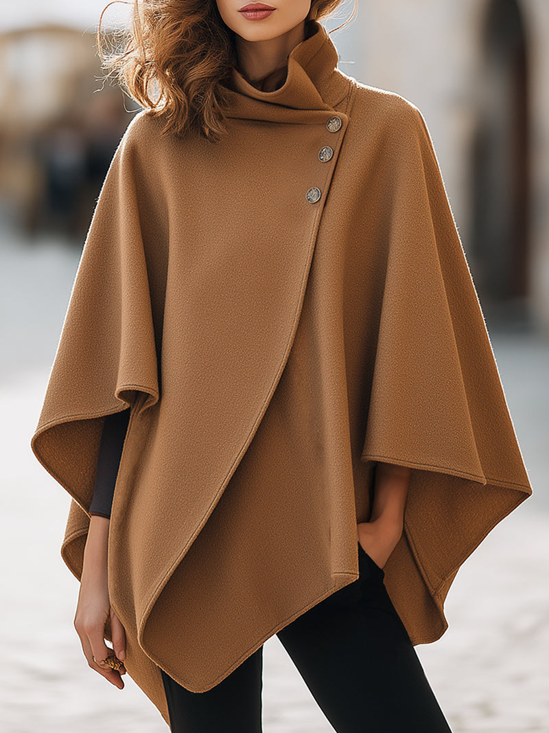 Camel Asymmetric Wool Cape With Button Detail