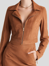 Faux Suede Zip-up Jacket And Skirt Set