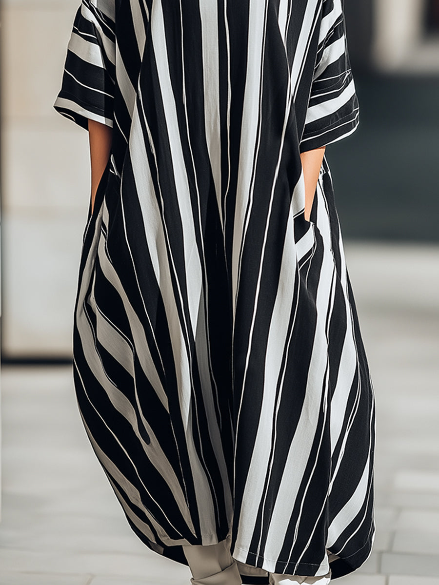 Vertical Stripe Button-Front Ribbed Knit Midi Dress