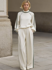 Elegant Contrast-Piped High-Neck Top & Wide-Leg Trouser Set