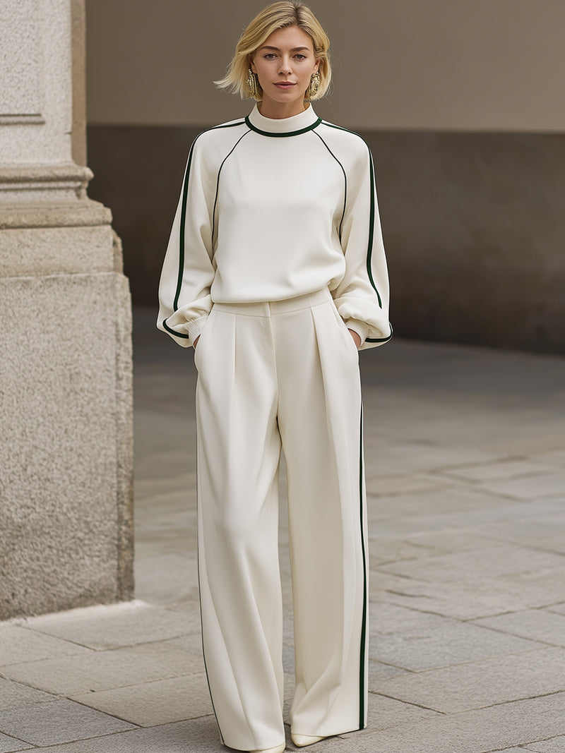 Elegant Contrast-Piped High-Neck Top & Wide-Leg Trouser Set