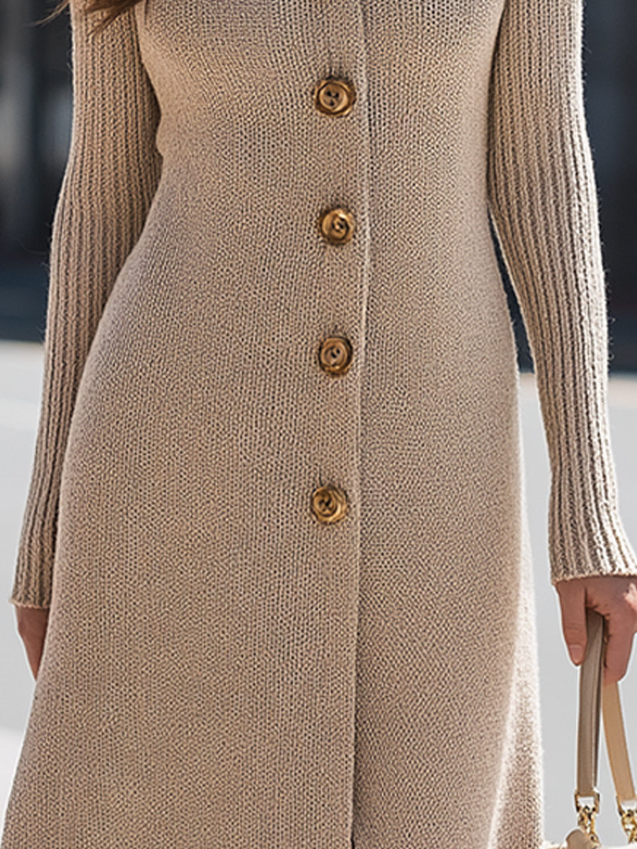 Beige Ribbed Knit Button-Front Midi Dress With Turtleneck