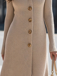 Beige Ribbed Knit Button-Front Midi Dress With Turtleneck