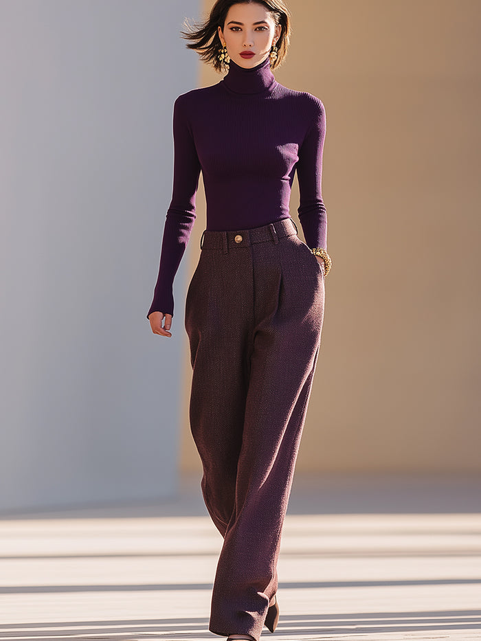 Eggplant Purple Ribbed Knit Turtleneck Top And Matching High-Waisted Wide-Leg Pants Set