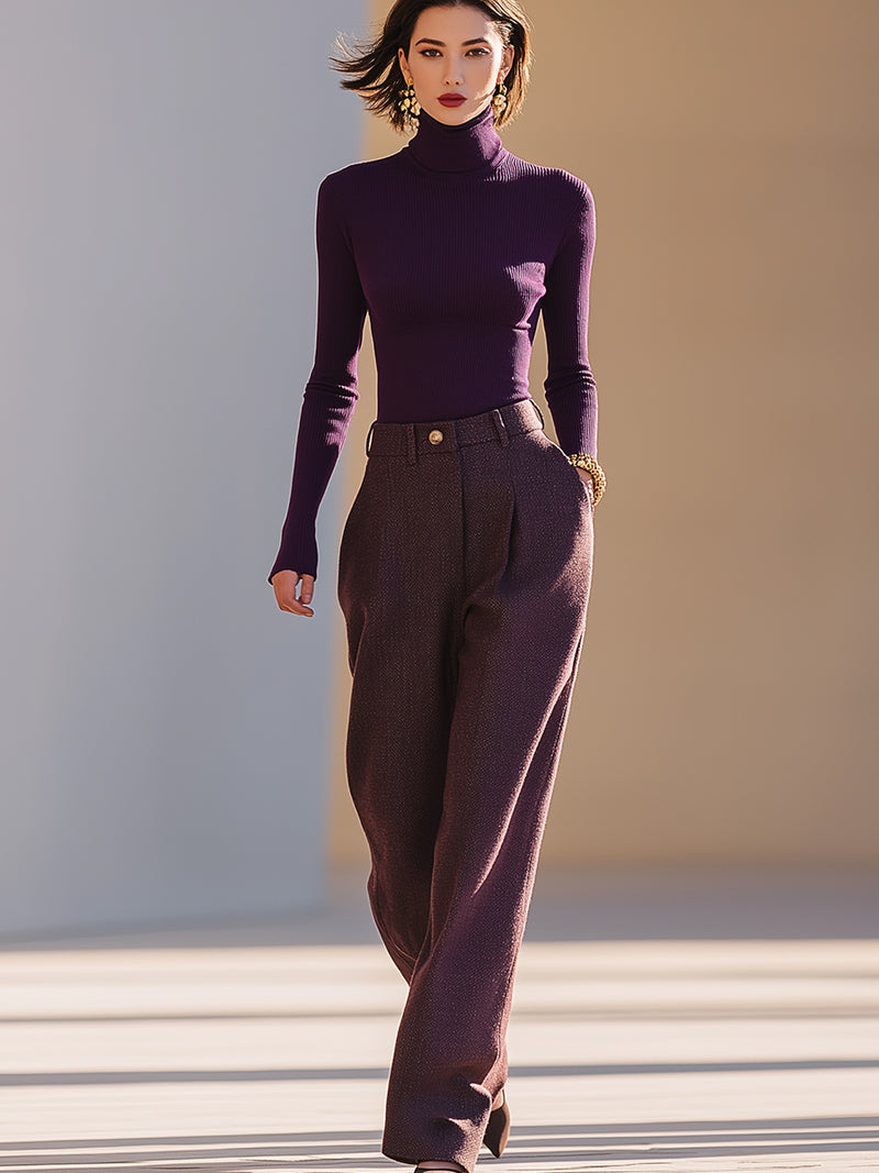 Eggplant Purple Ribbed Knit Turtleneck Top And Matching High-Waisted Wide-Leg Pants Set