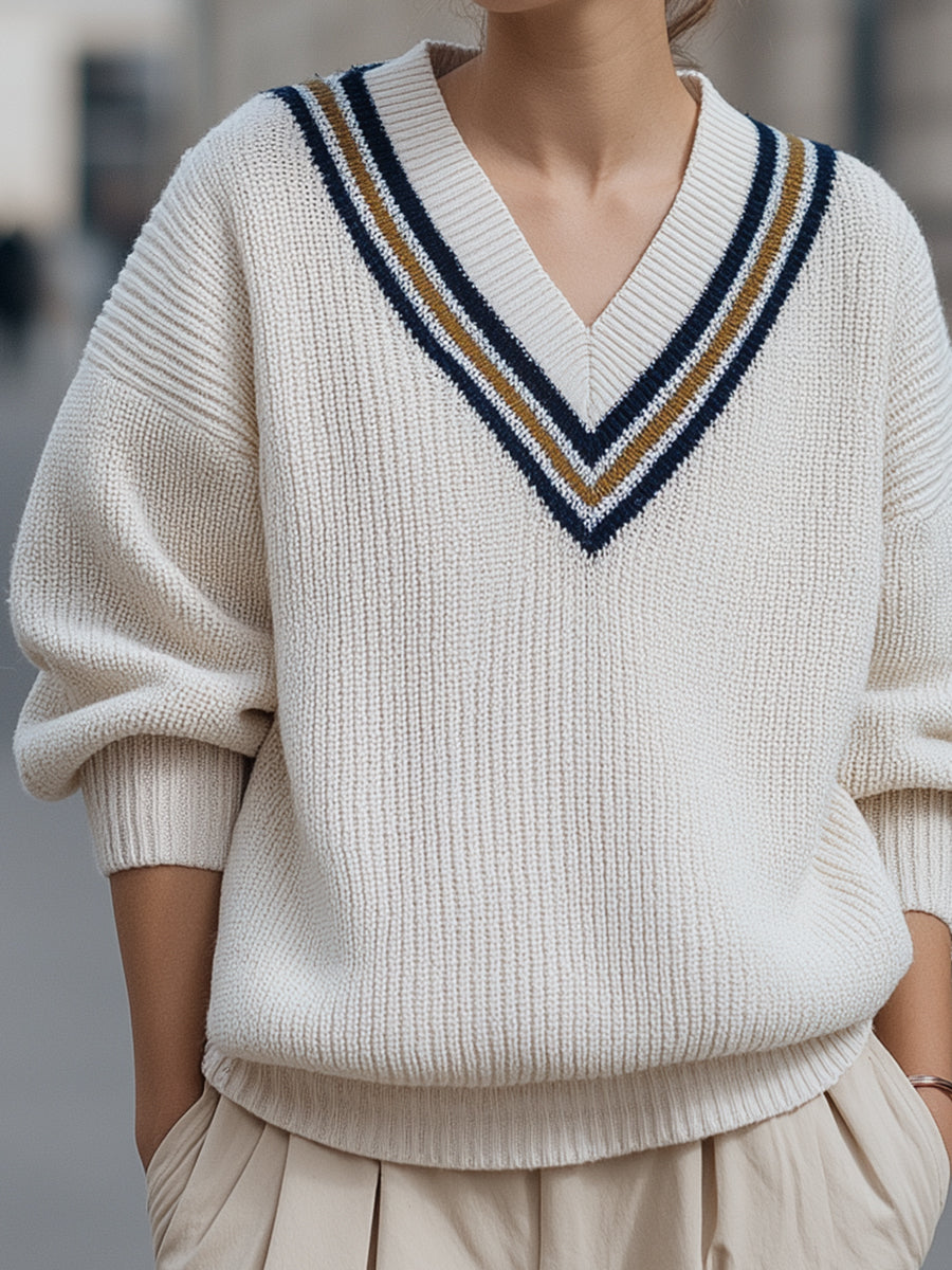 Ivory V-Neck Knit Sweater With Contrast Stripe Detail