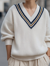 Ivory V-Neck Knit Sweater With Contrast Stripe Detail