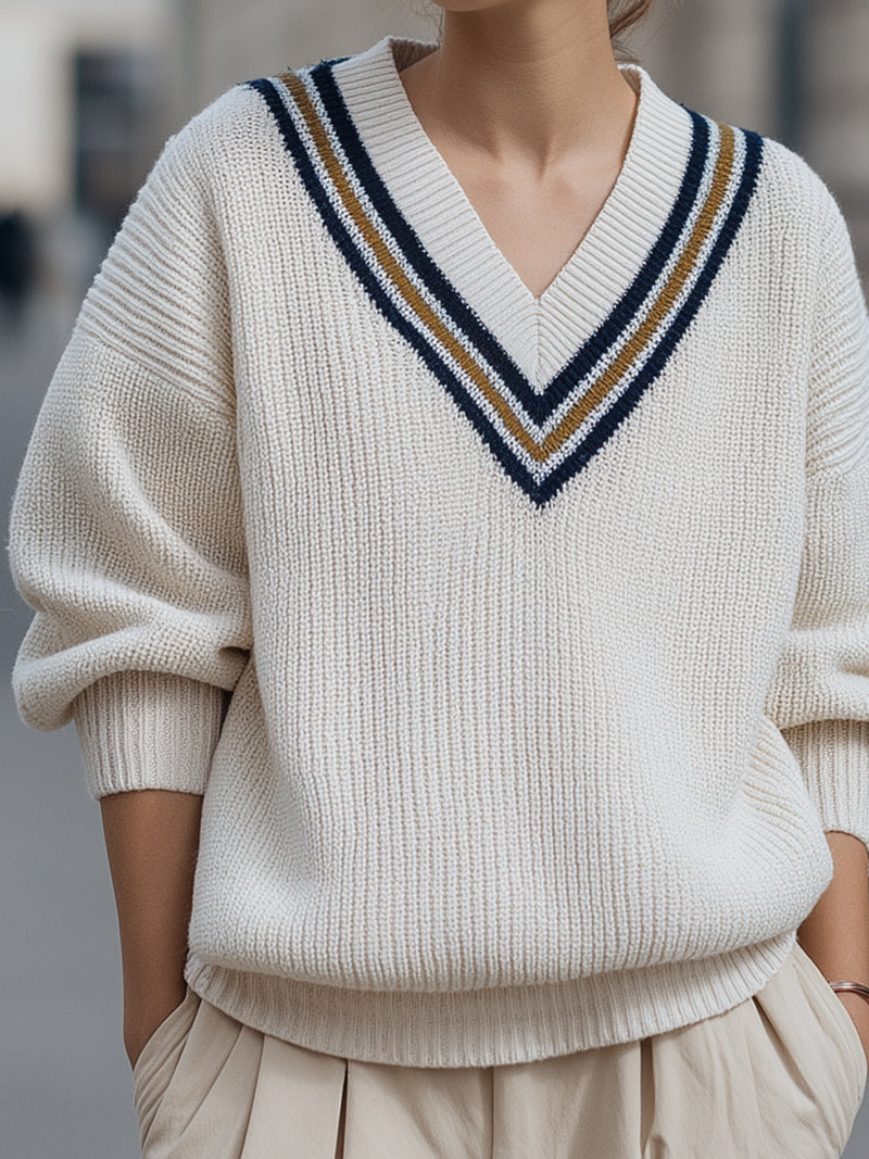 Ivory V-Neck Knit Sweater With Contrast Stripe Detail