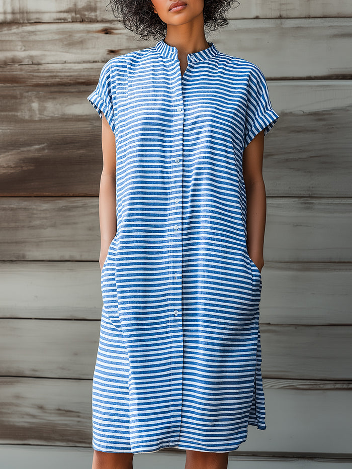 Striped Stand Collar Button-Front Shirt Dress