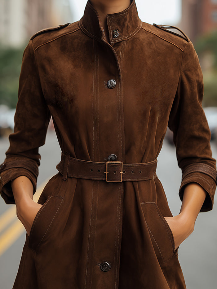 Chocolate Suede Belted Trench Coat