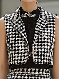 Houndstooth Sleeveless Tweed Vest & Fringed Skirt Set