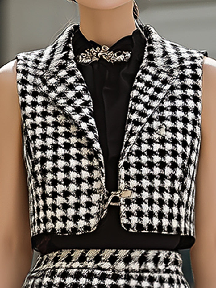 Houndstooth Sleeveless Tweed Vest & Fringed Skirt Set