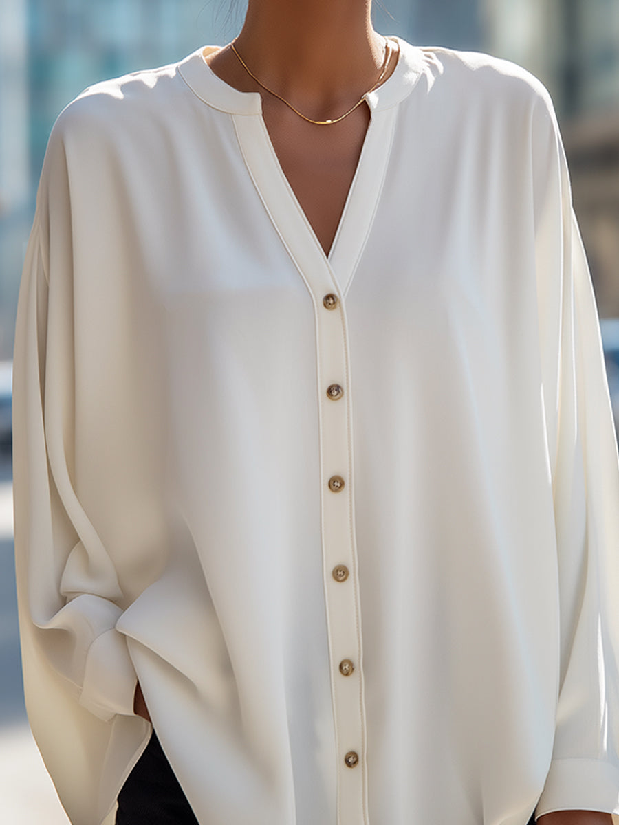 Relaxed V-Neck Button Front Blouse