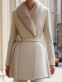 Elegant Belted Wool-Blend Coat With Faux Fur Collar And Flared Pants Set