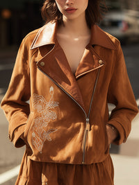 Caramel Embroidered Faux Suede Moto Jacket With Leather Lapel