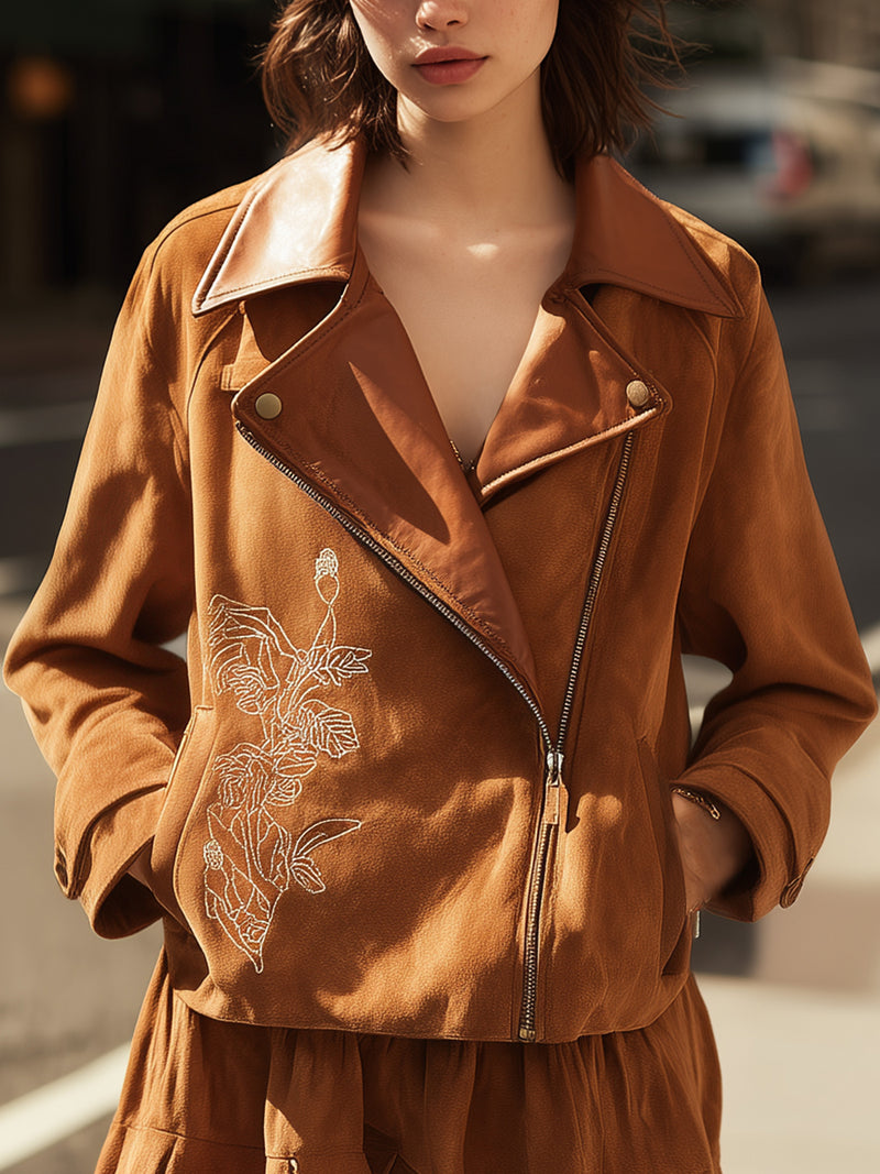 Caramel Embroidered Faux Suede Moto Jacket With Leather Lapel